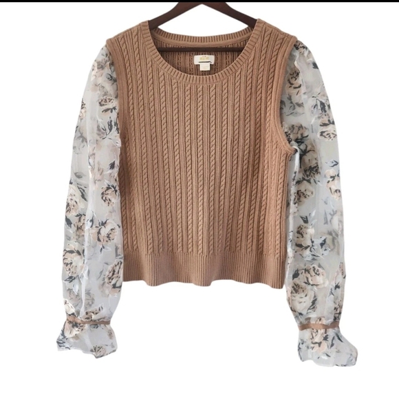 Maeve Sweaters - Maeve Anthropologie Contrast Sheer Floral Sleeve Sweater Top Womens Size XL